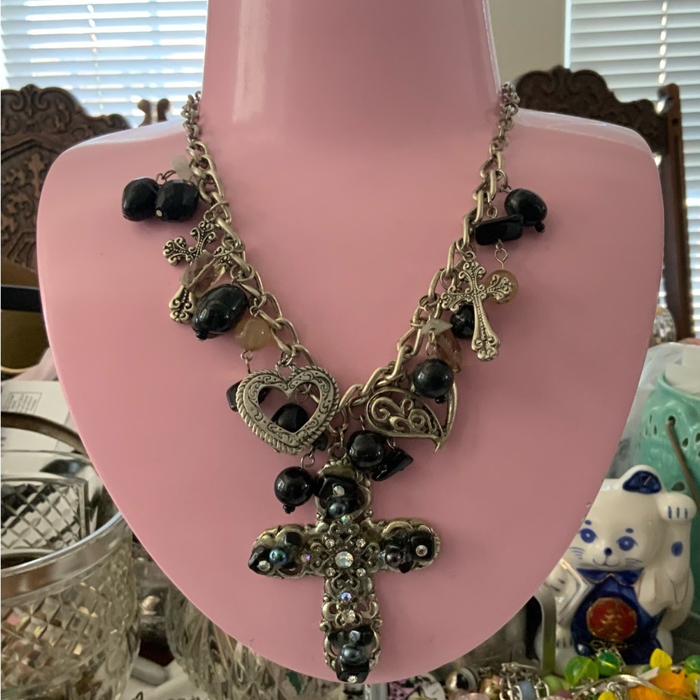 Chunky Cross And Heart Necklace with Crystals